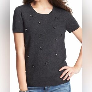 LOFT Charcoal Grey Wool Blend Short Sleeve Jeweled Sweater Size M